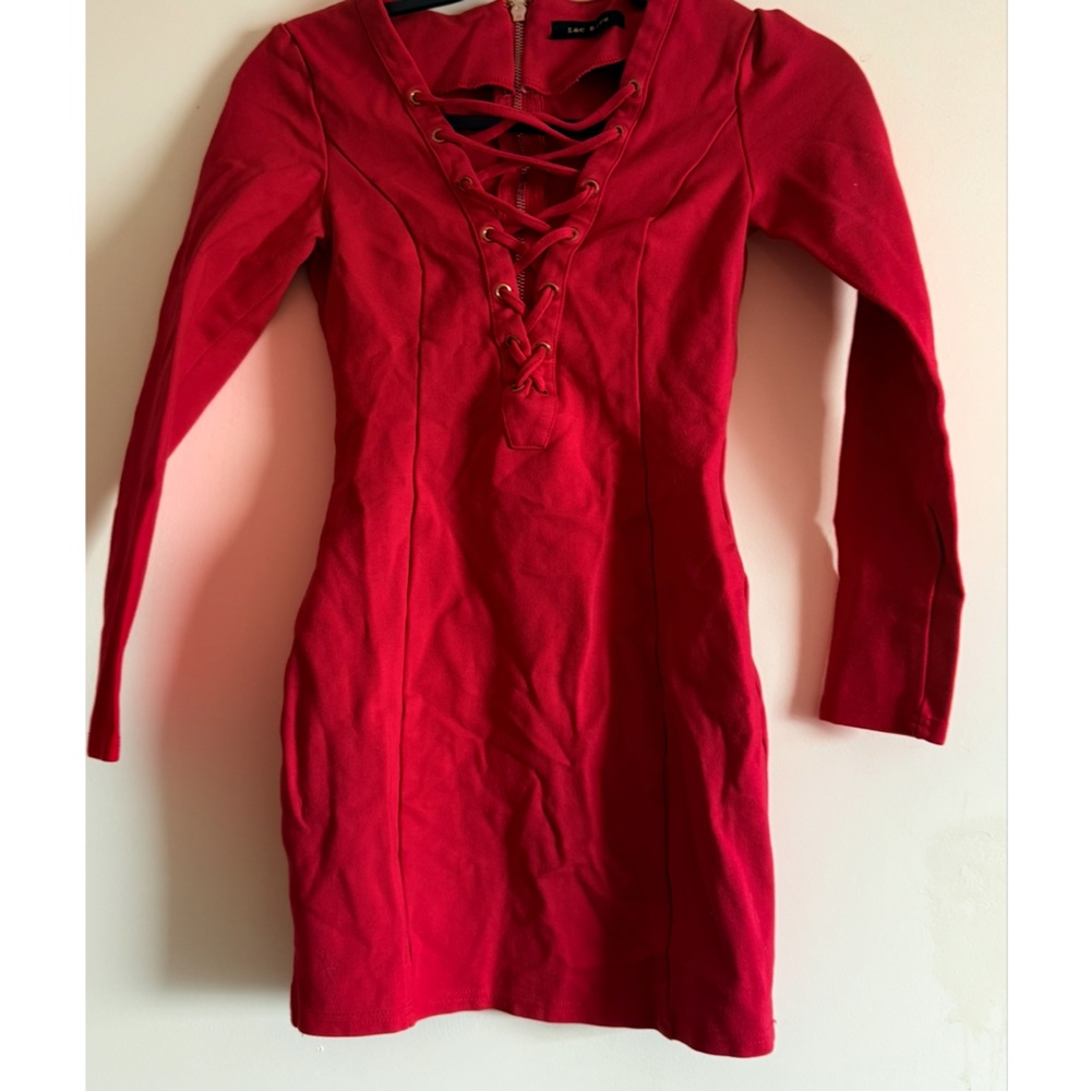 Mystique Lec Blue Boutique Red Tied Long-Sleeved Tied Skin-Tight Short Dress